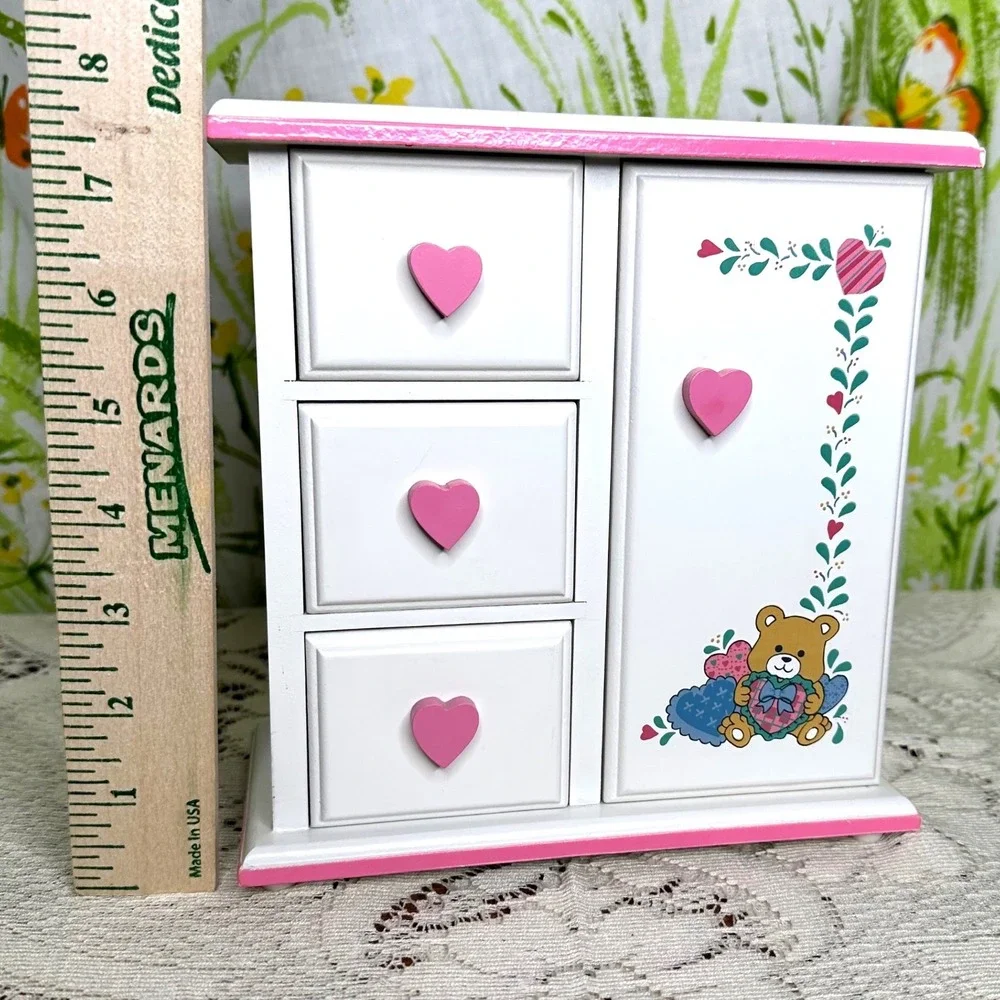Vintage Wooden Jewelry Box Armoire White Pink Heart Knobs Teddy Bear Carousel